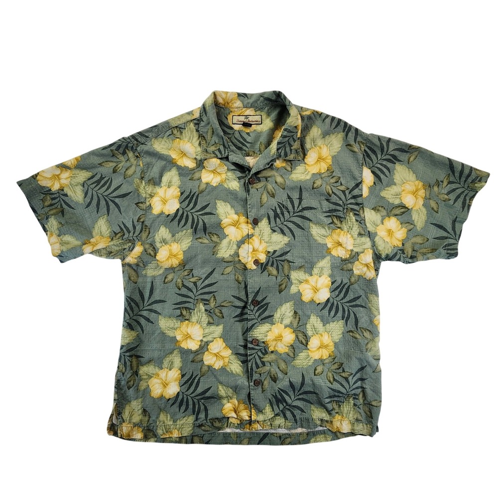 Tommy Bahama Men L Green Hibiscus Silk Hawaiian Camp Shirt Tropical Resort Aloha